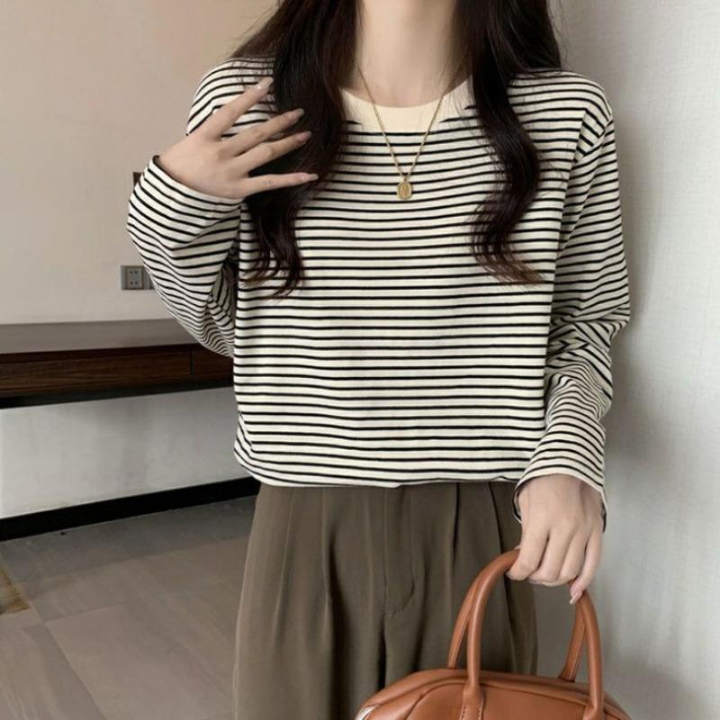Women Plus Size Loose Striped Long Sleeve Casual Bottoming T Shirt