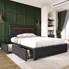 Bed Frame with LED Lighting and 2 Drawers, Single Upholstered Bed 90x200cm, Height-Adjustable Headboard, Wooden Slatted Frame, Grey (Without Mattress)