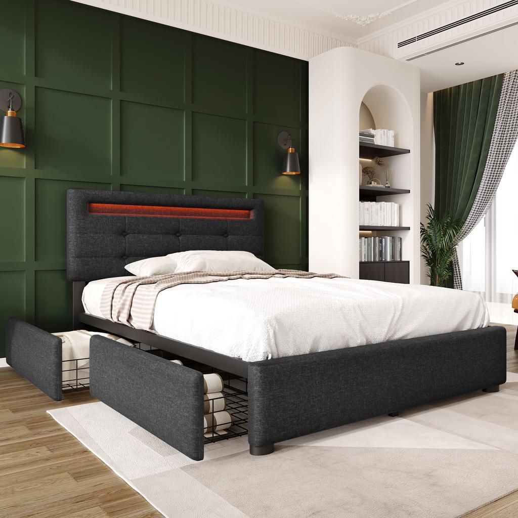 Bed Frame with LED Lighting and 2 Drawers, Single Upholstered Bed 90x200cm, Height-Adjustable Headboard, Wooden Slatted Frame, Grey (Without Mattress)
