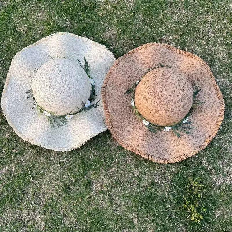 Ferienstil vielseitiger gewebter Strohhut Damen Sommer Meeresufer breite Krempe das Gesicht zeigend kleiner Eimerhut Strand pastoraler Sonnenhut