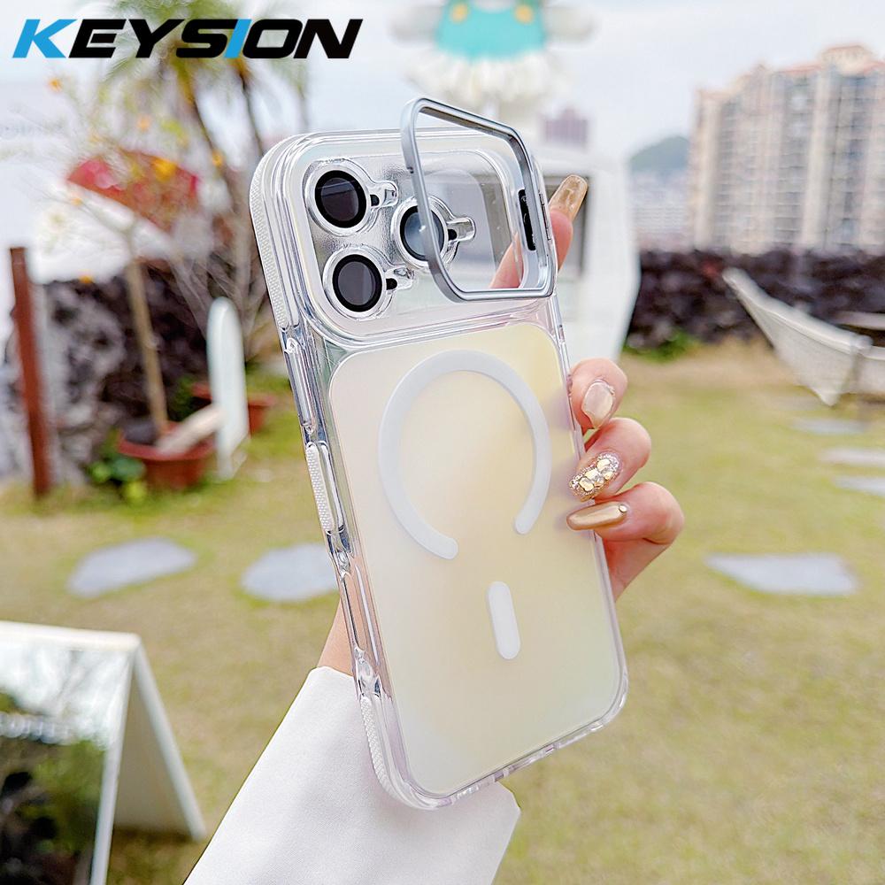 KEYSION Laser Gradient Magnetic Case for MagSafe for iPhone 11 12 13 14 15 17 Pro Max 16Plus Air 17e Lens Stand Shockproof Cover