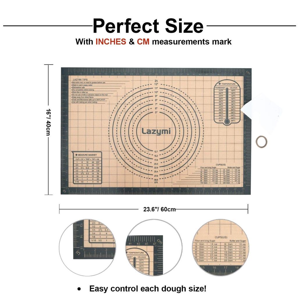 Lazymi Large Cooking Mat, Thick Food-Grade Silicone, Baking Mat with Graduations, 60x40cm, for Cookies, Pizza, and Bread Making, Heat-Resistant, Kitch