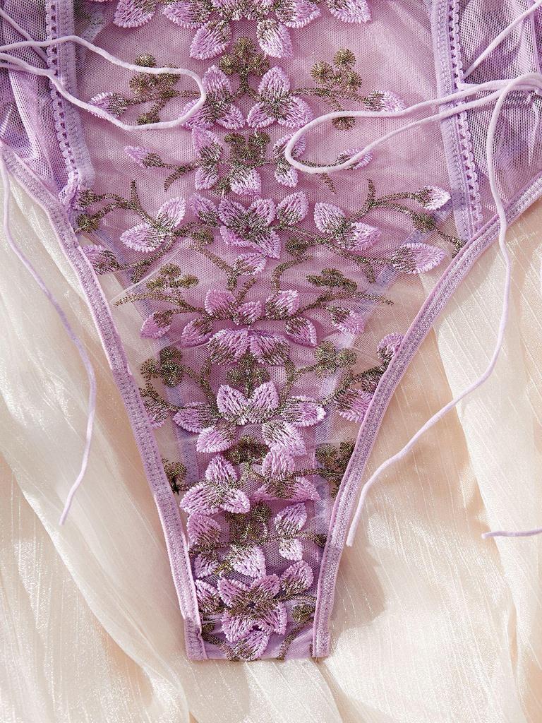 Damers spetsbroderi mesh rygglös body med dragsko i midjan