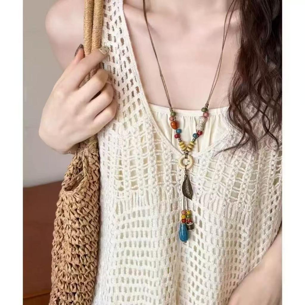 Bohemian ethnic style long beaded necklace women, retro ceramic multi-layer sweater chain, niche design sense match