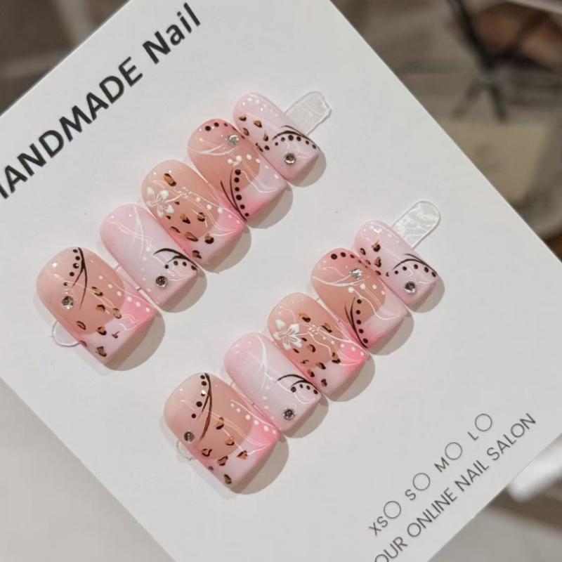 Handmade Press On Nails Pink Gradient with Brown Leopard Print  Shiny Rhinestones XS