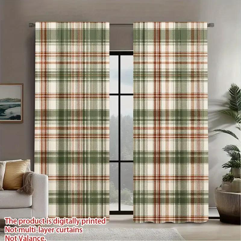 Set Of 2 Green Checkered Curtains Design Protecting Privacy Suitable Decorating Various Scenes Curtain With Pole Pocket Polyester