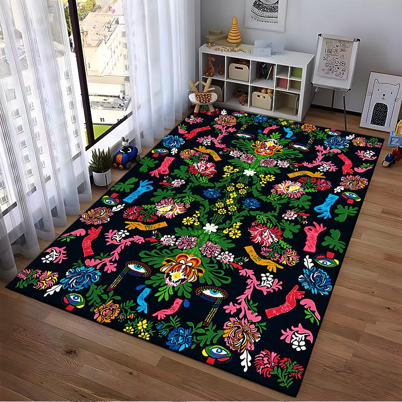 Colorful Artistic Floral Carpet with Eye Symbols and Hand Motifs Suitable for Use As an Anti-slip for Living Room Bedroom Sofas