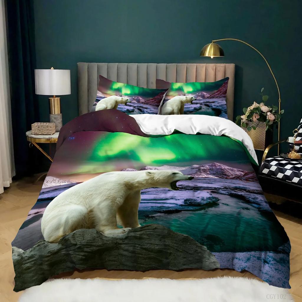 Aurora Borealis Duvet Cover King Queen Pale Weather Over The Hills with Waterfall Creek Nature Landscape Polyester Bedding Set