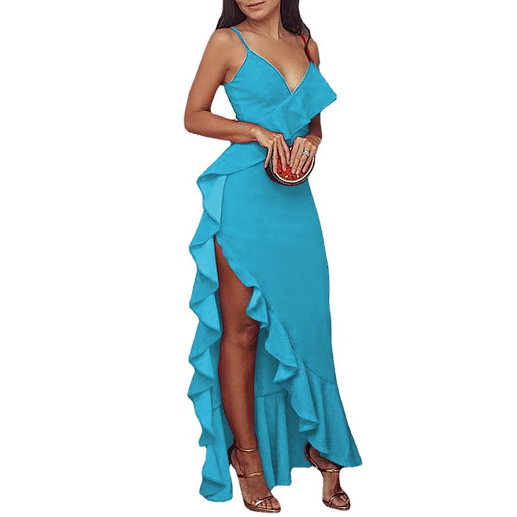 Women's Summer Ruffle Sexy High Split Dress Dress Color Sleeveless V-Neck Dress