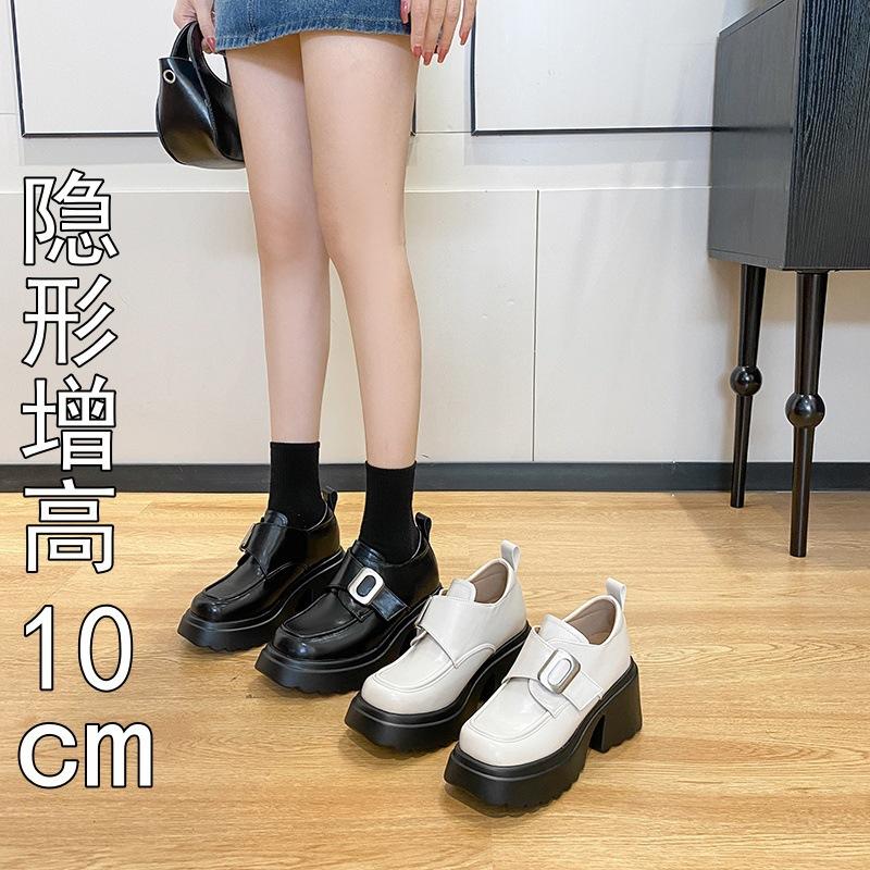 New thick heel muffin thick sole women's small Velcro small leather shoes inner height increase single shoes