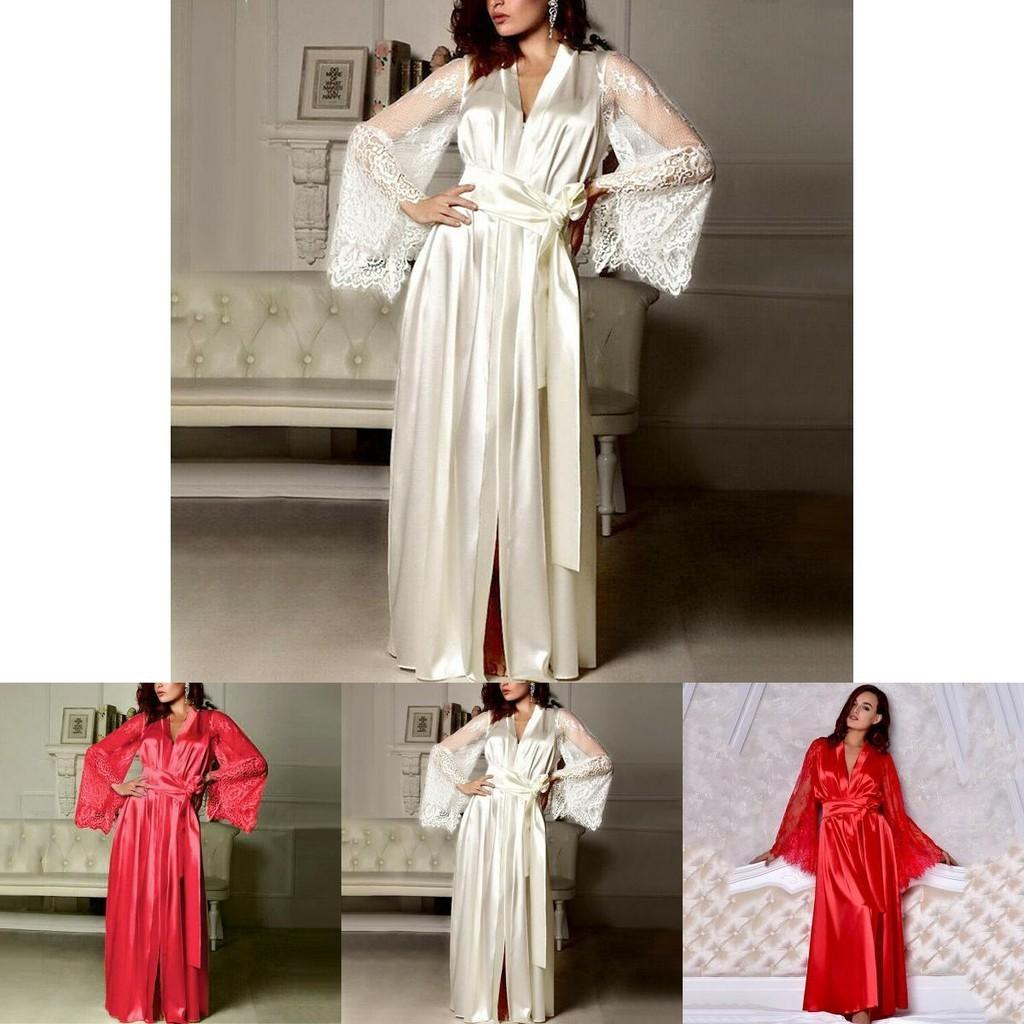 Elegante Camicia da Notte da Donna in Raso di Seta con Pizzo Lingerie Kimono Abbigliamento da Notte Lunga Vestaglia