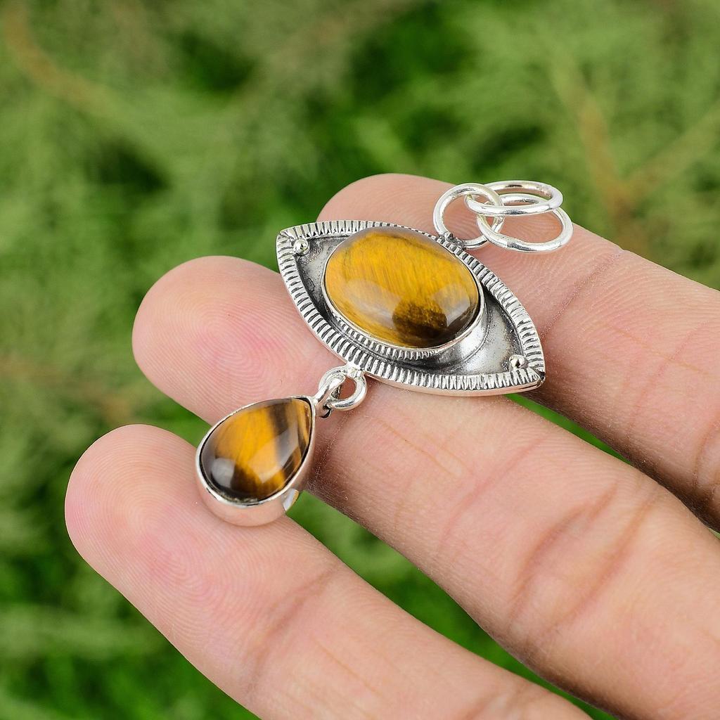 Natural Tiger'S Eye Gemstone Pendant Handmade 925 Sterling Silver Indian Jewelry