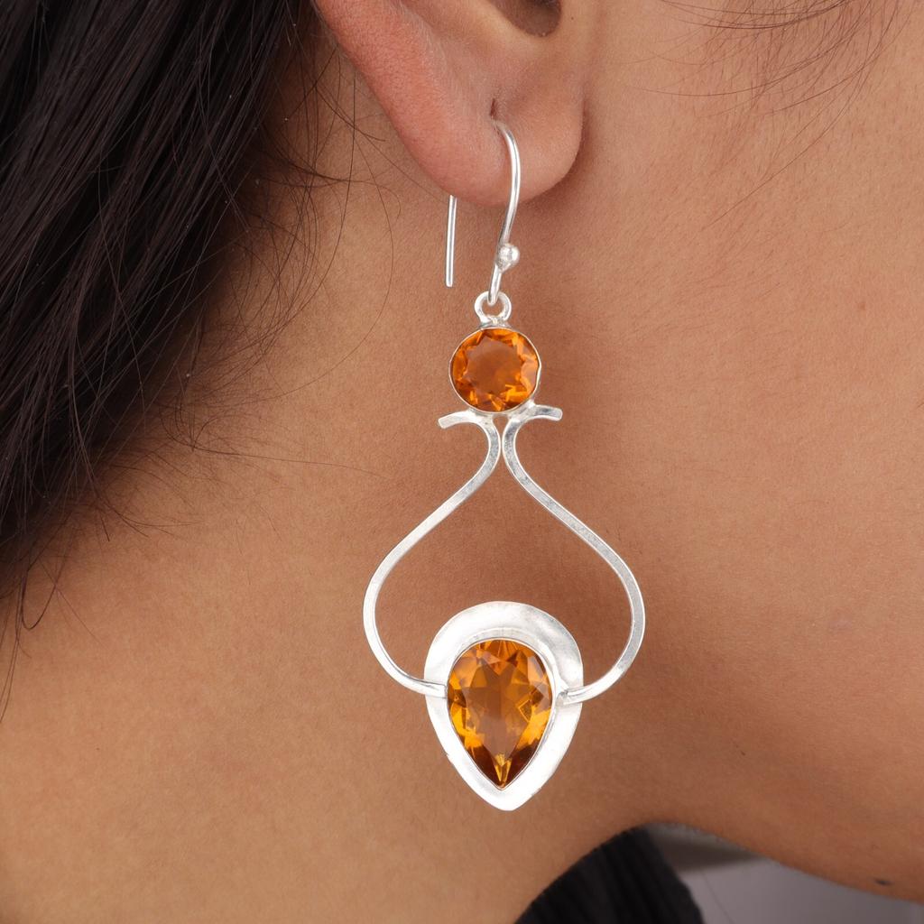 Natural Citrine Gemstone 925 Sterling Silver Handmade Pear Shape Earrings 2.07" EE-170-12