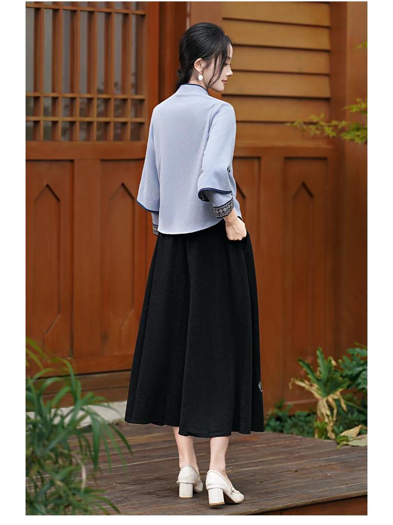 Retro Student Cheongsam Hanfu Women's Two-Piece Set - Diagonal Placket & Frog Buttons Tea Suit