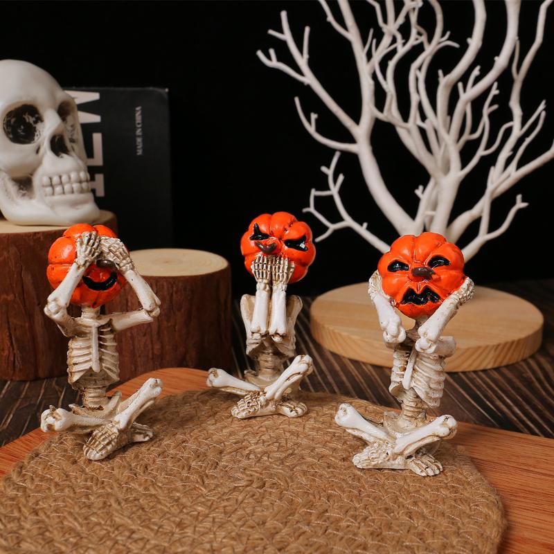 3-Piece Set Of Meditation Yoga Pumpkin Head Skull Figurines Durable Realistic Pumpkin Head Skull Doll Weird Yoga Pose