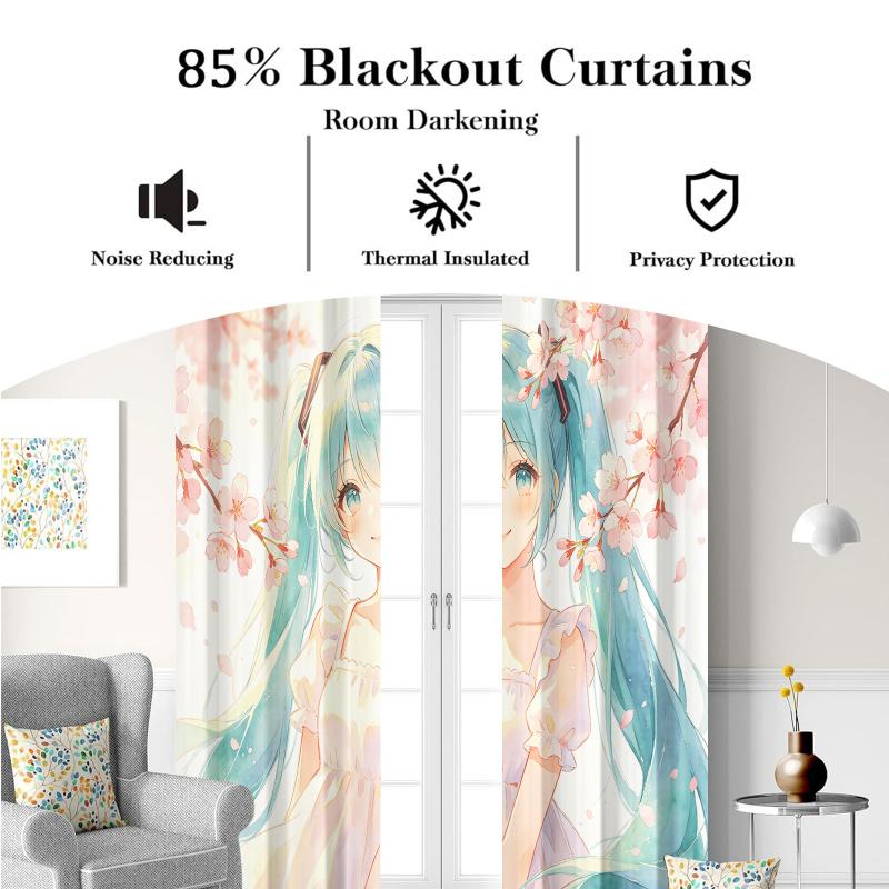 2Pcs Hatsune Miku Sakura Cherry Blossom Blackout Curtains Anime Watercolor Window Drapes Fan Room Esport Room Trendy Decor Gift
