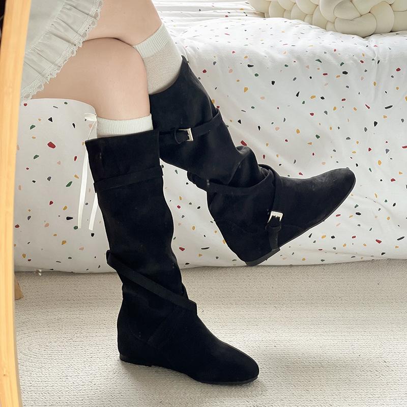Leather Version~ Inner Height Increase 5cm Retro Western Fashion Boots Women's Knee High Boots Medium Heel Martin Boots Knight Boots