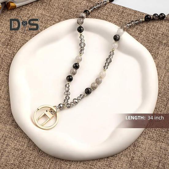 Natural Stone Faux Crystal Card Holder Adjustable ID Lanyard Women Handmade Beaded Badge Holder Lanyard