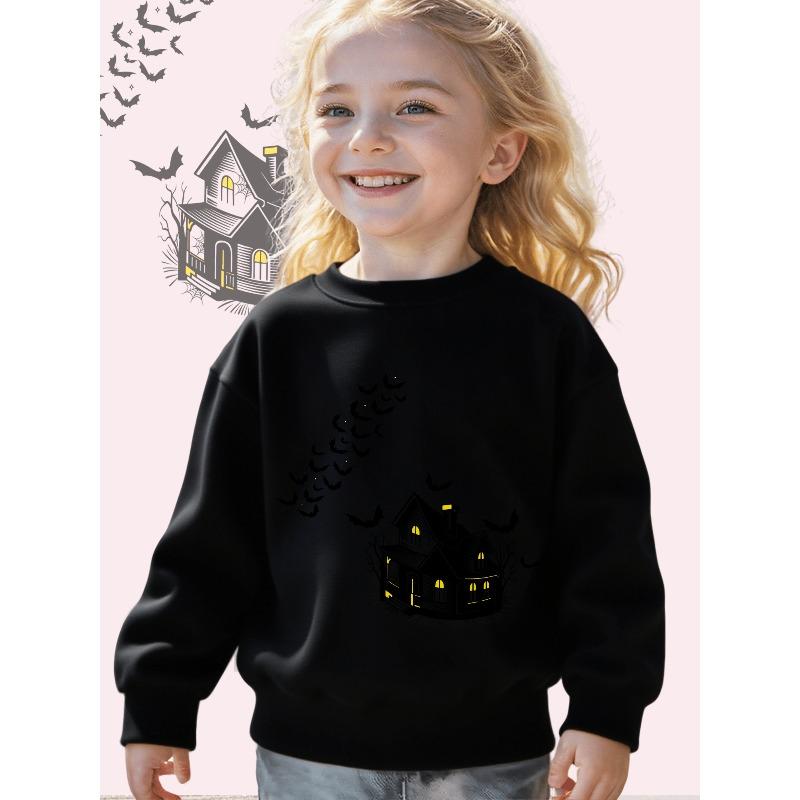 Kids Crewneck Sweatshirt, Cute Halloween Haunted House Flying Bats Graphic Print