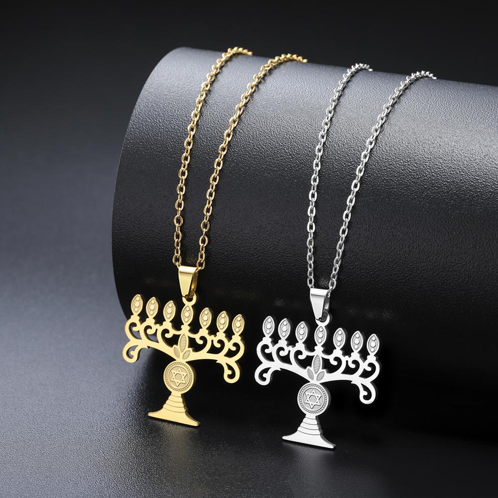 Chanukah Menorah Necklace Religious Jerusalem Temple Hanukkah Shammash Pendant Stainless Steel Judaica Jewelry