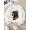 Kids Sweatshirt Crewneck Sweatshirt Black Horse with Golden Floral Pattern Machine Washable, Spring And Autumn, Sportswear And Casual Wear