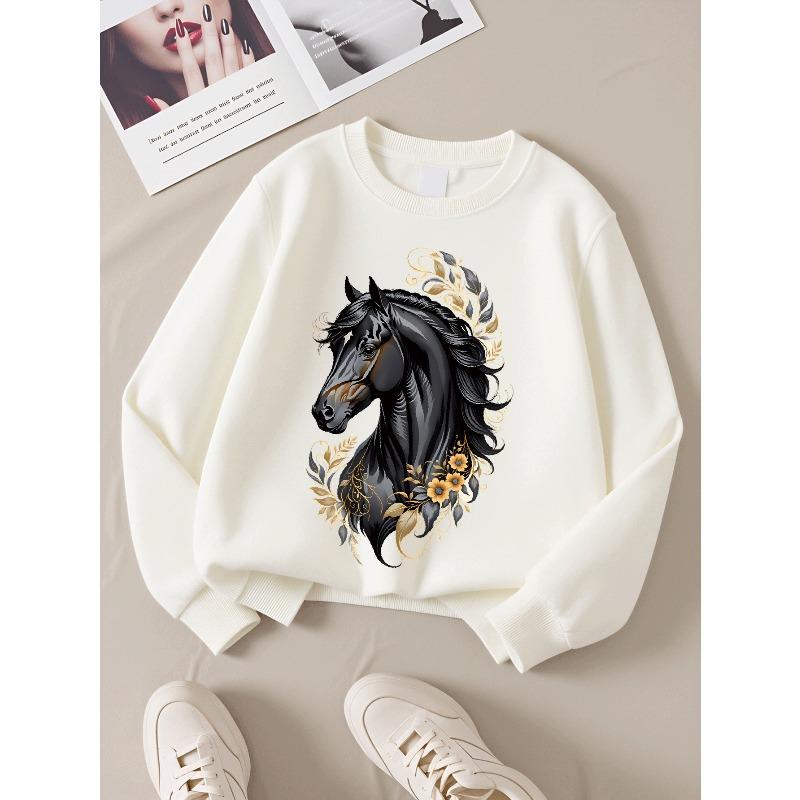 Kids Sweatshirt Crewneck Sweatshirt Black Horse with Golden Floral Pattern Machine Washable, Spring And Autumn, Sportswear And Casual Wear