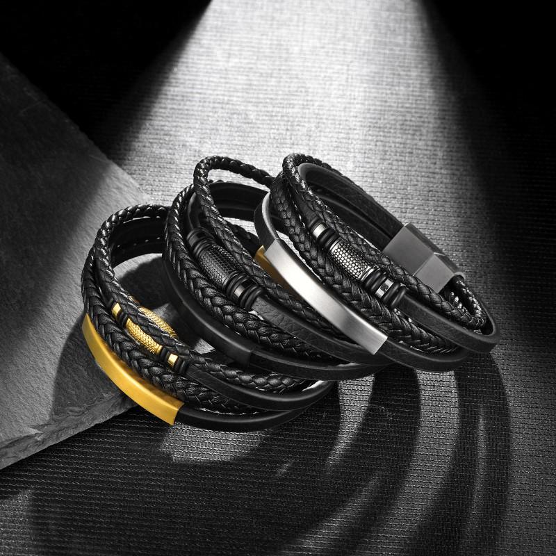 Stainless Steel Multi-Layer Braided Leather Bracelet Men With Magnetic Clasp Fashion Geometric Design