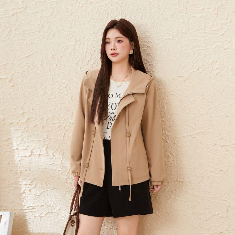 

Caiduobao Plus-Size Women s Clothing for Fat Girls 2026 Spring New Textured Hooded Short Loose Slimming Windbreaker Jacket Khaki L