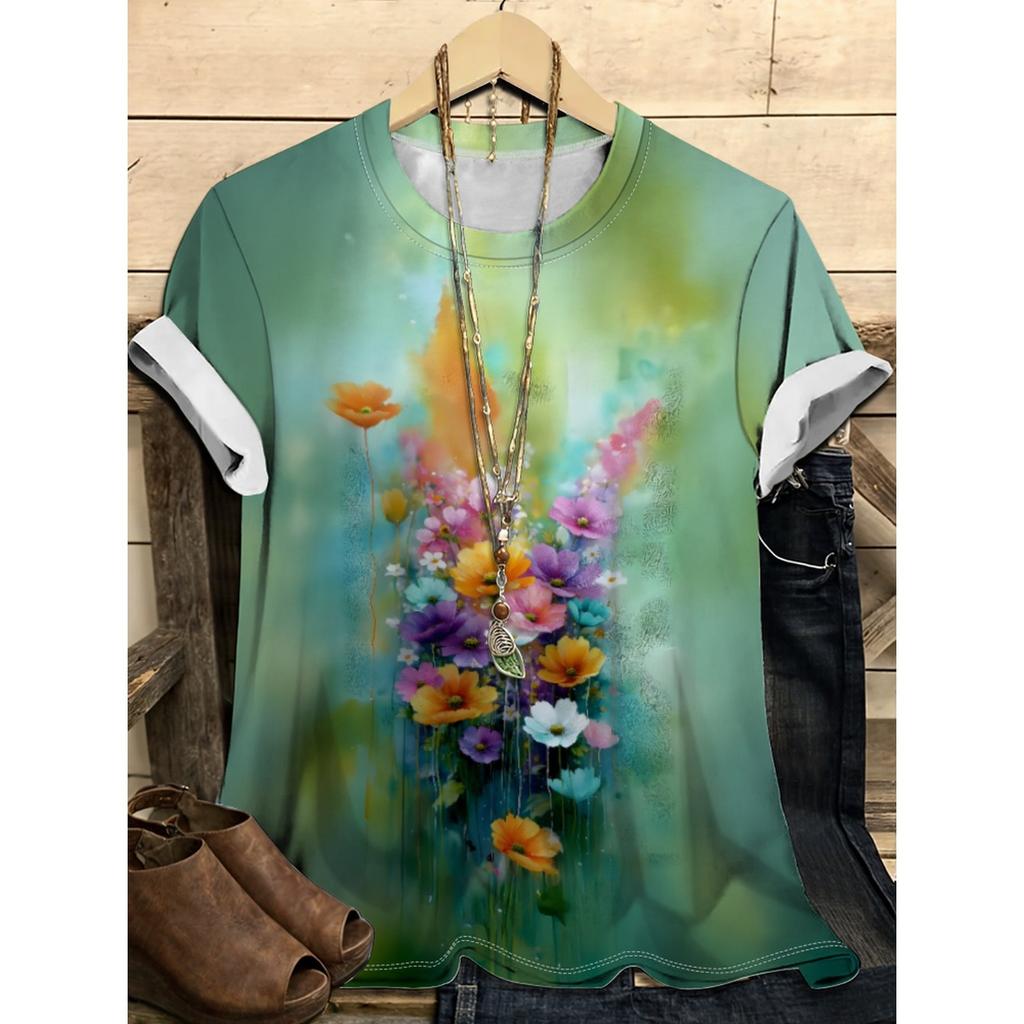 Letní dámské tričko s kulatým výstřihem, 3D potiskem květinového vzoru, módní, ležérní, barevné, s krátkým rukávem