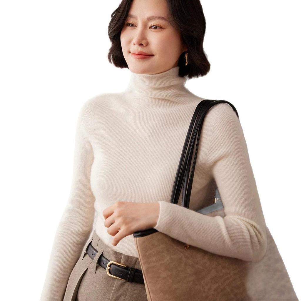 Women's High Neck Cashmere Sweater: Slim Fit Long Sleeve, Stacked Collar Knit for Autumn/Winter