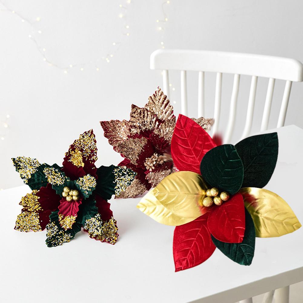 3pcs Christmas Decorative Felt Fabric Flower 30*20cm Vibrant Christmas Tree Decor Artificial Poinsettia Flowers Holiday Decor