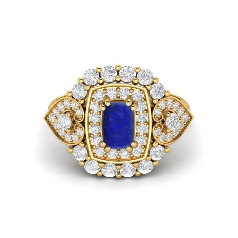 6X4MM Cushion Lapis Gemstone 925 Sterling Silver Gold Plated Solitaire Halo Women Engagement Ring