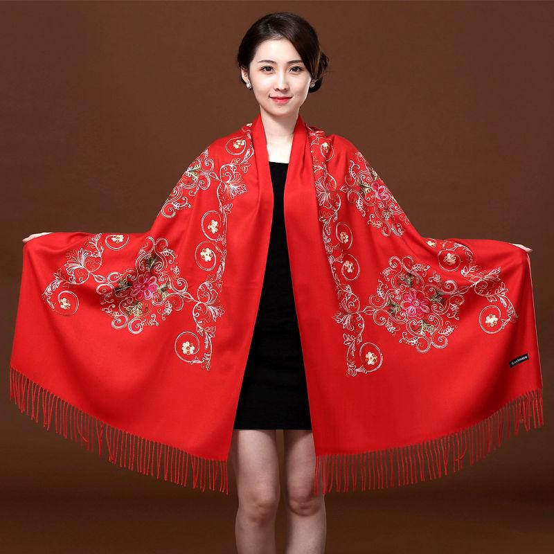 Červený vyšívaný šátek Dámský etnický styl Silný oboustranný hřejivý šátek Dvojí použití Podzim a zima Divoká Dlouhá část