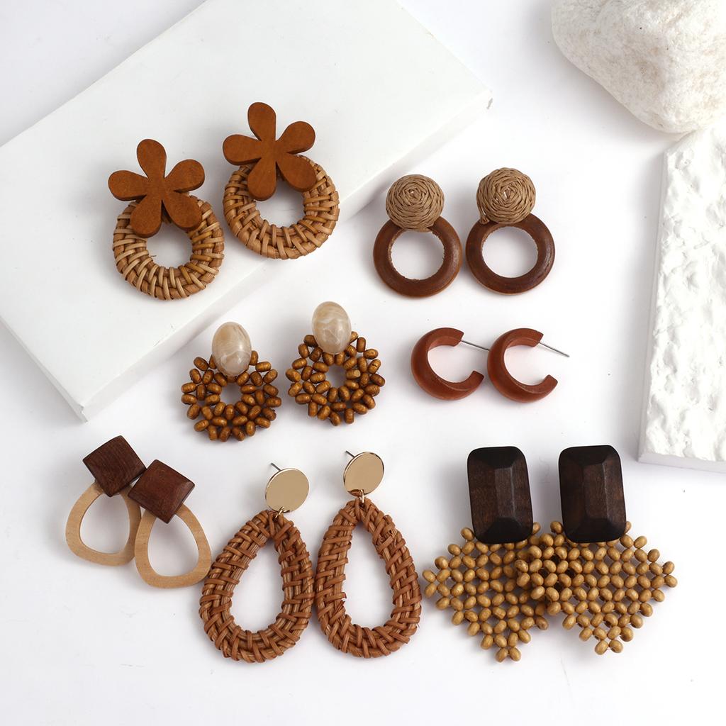 Handmade Geometric Wooden Rattan Braid Drop Earrings for Women Ethnic Bohemia Statement Earring Jewelry