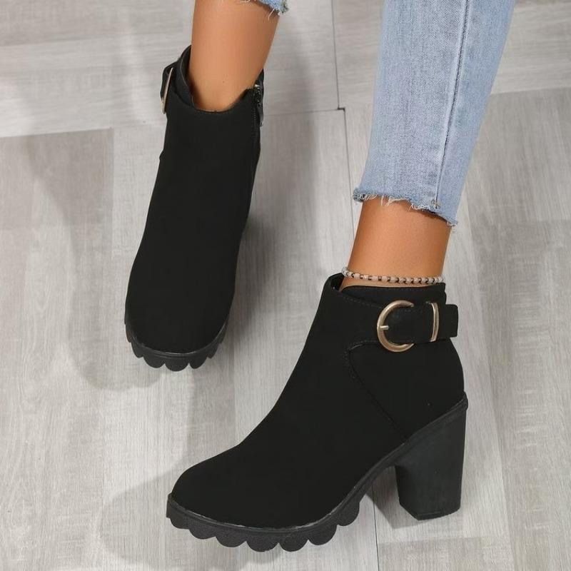 Large Size Leather Boots High Heel Short Boots Children's Heel Round Head Side Zipper Martin Boots