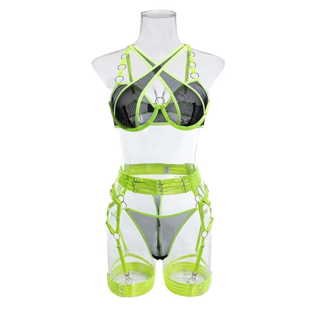 European & American Mesh Strappy Underwire Push-up Lingerie Set with Metal Ring & Bandage Waist Cincher