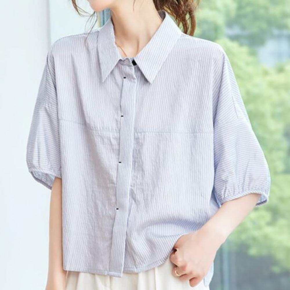 Navava Women Casual Daily Stripe Collar 5 Sleeve Shirt Blouse Nb3190