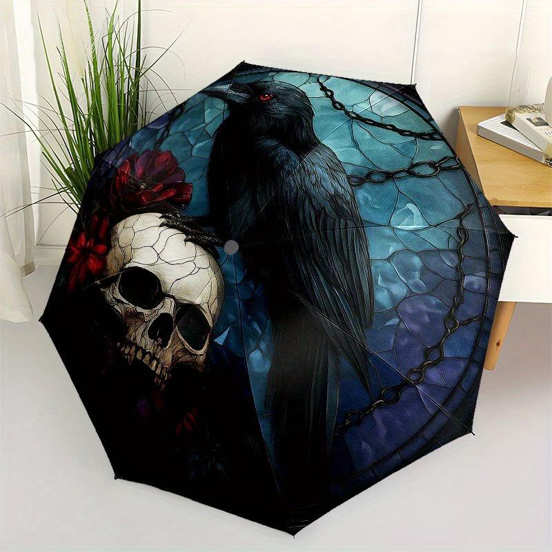 

Gothic Raven and Skull Stained Cute Wall Art Decor Umbrella, Portable 3-Fold Compact Umbrella for Men & Women R126