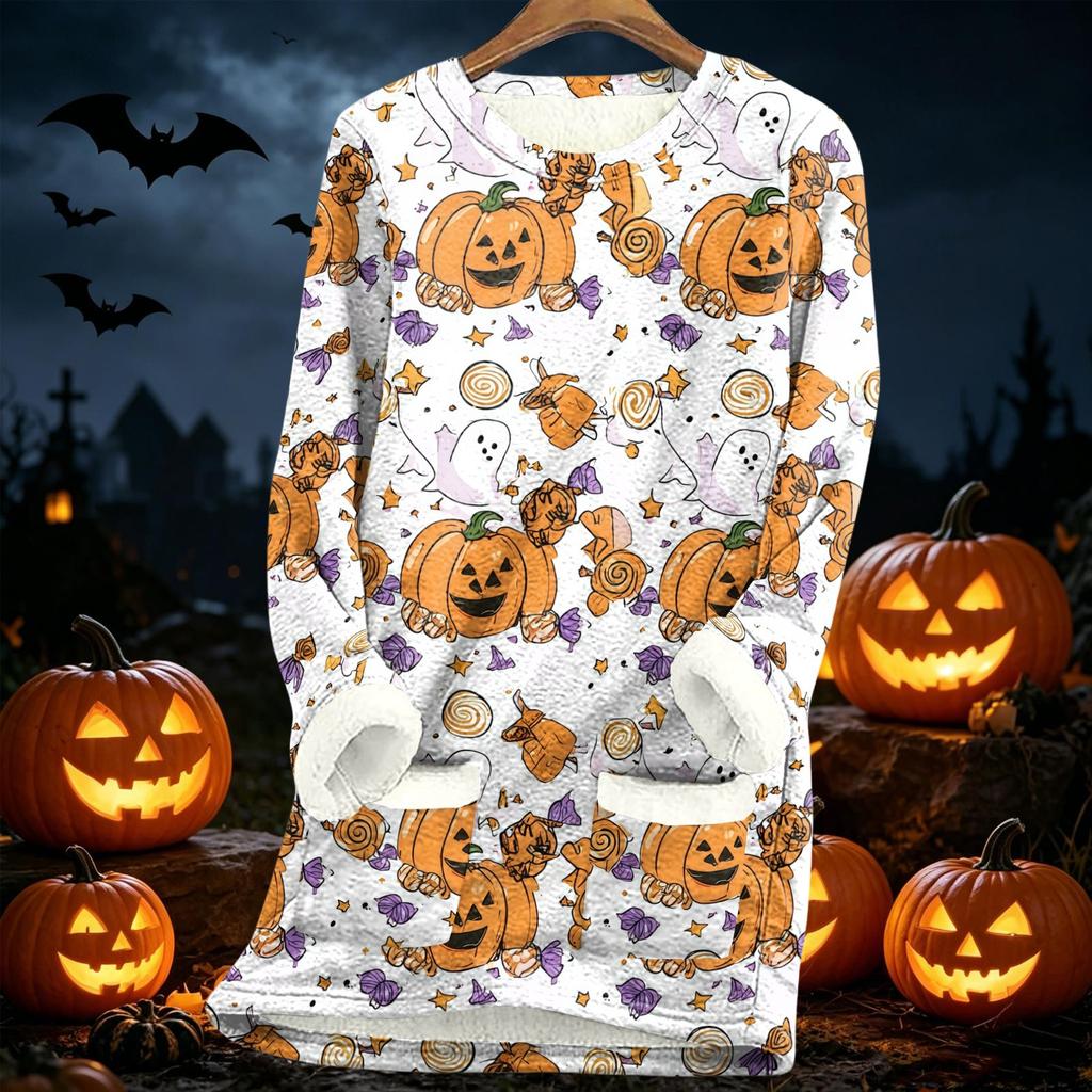 Long Sleeve Fleece Lined Pullover Sweatshirt with Halloween Print Thickened Sherpa Lining Warm Casual Loose Fit Top for Women Autumn Winter