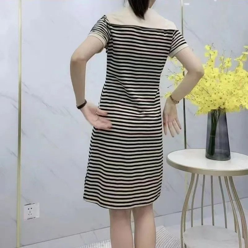 Fake Two Pieces Korean Striped Midi Dress Summer Fashion Sailor Collar Women's Clothing A-Line Short Sleeve Basic Casual Dresses