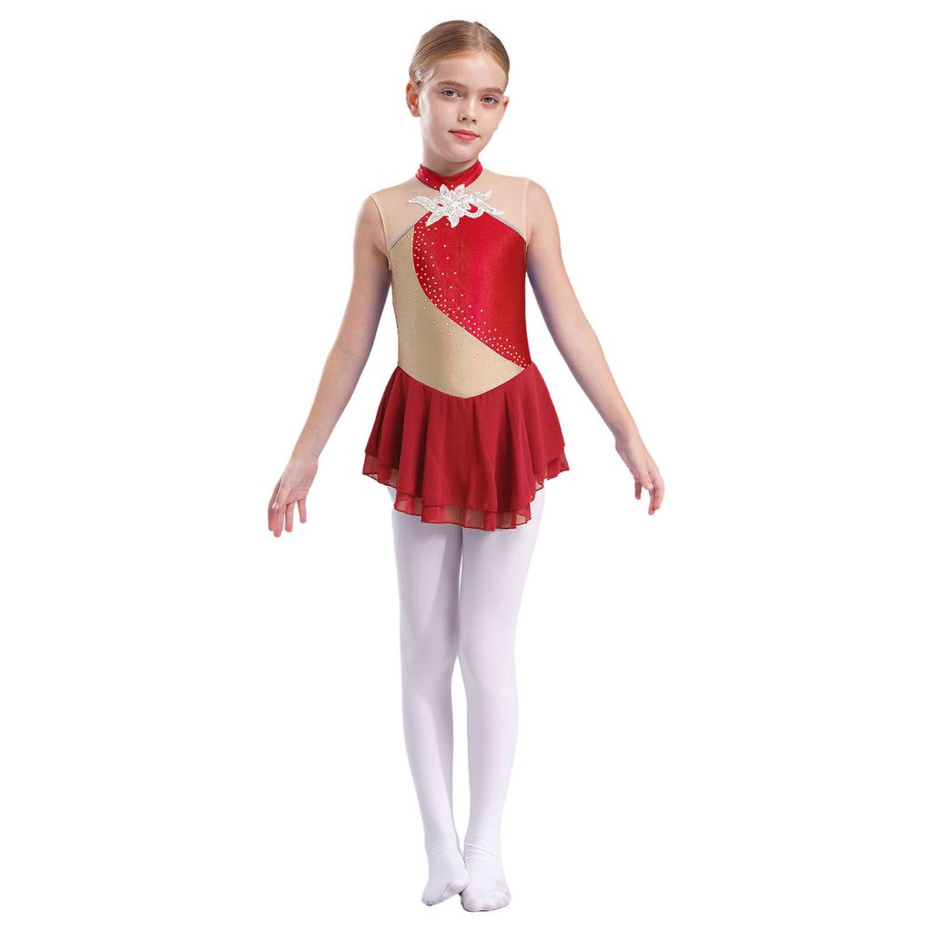 Girls Sleeveless Round Collar Shiny Rhinestone Sequins Floral Patchwork Skating Dance Dress