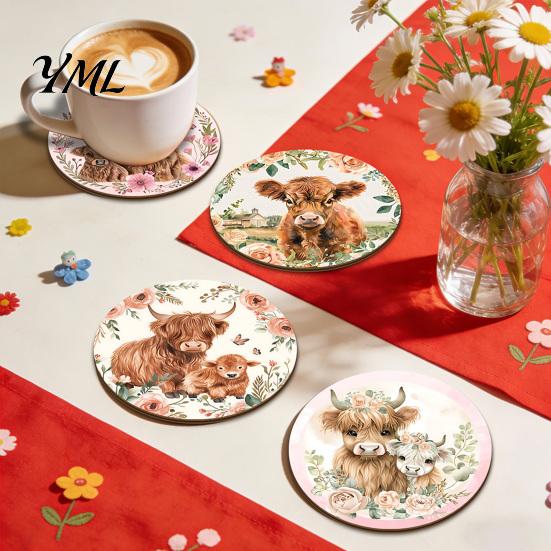 Scratch Resistant Desktop Pads Highland Cow Cork Coasters, Cute Floral Farmhouse Drink Mats with Decorative Home Kitchen Accessories Non-Slip