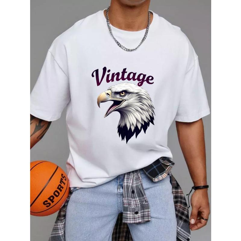 Vintage Eagle Head Graphic T-Shirt White American Bald Eagle Print and Text Casual Wear for Men and Women Outdoor Adventure Fashion Streetwear Style