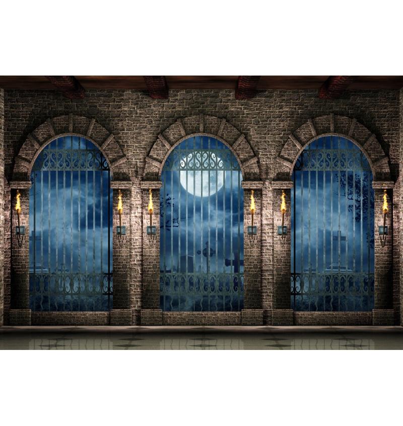 Medieval Castle Backdrop Halloween Decoration Brick Wall Iron Gate Pumpkin Graveyard Gothic Party Backgrounds for photographs