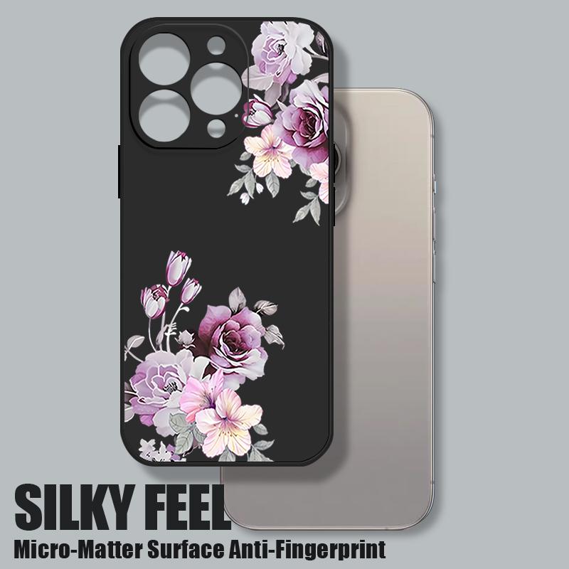 Carcasă rezistentă la șocuri cu model floral violet pentru iPhone 16 Pro Max 15 Pro 14 13 12 Mini 11 XS XR 8 7 Lanyard TPU Lens Protection Matte Soft Phone Cover