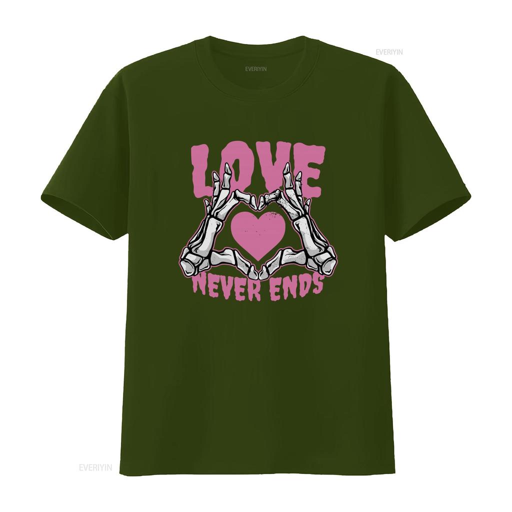 Love Never Ends Gothic Valentines Day Mens Cotton T Shirt with Skeleton Hands Heart Print vintage Washed graphic Comfortable