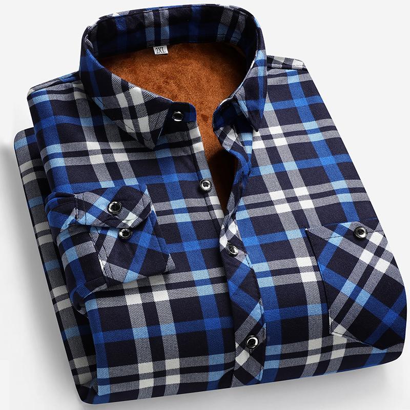 Winter Men s Padded and Thickened Warm Square Collar Shirt Long-sleeved Business Casual Plaid Shirt XL