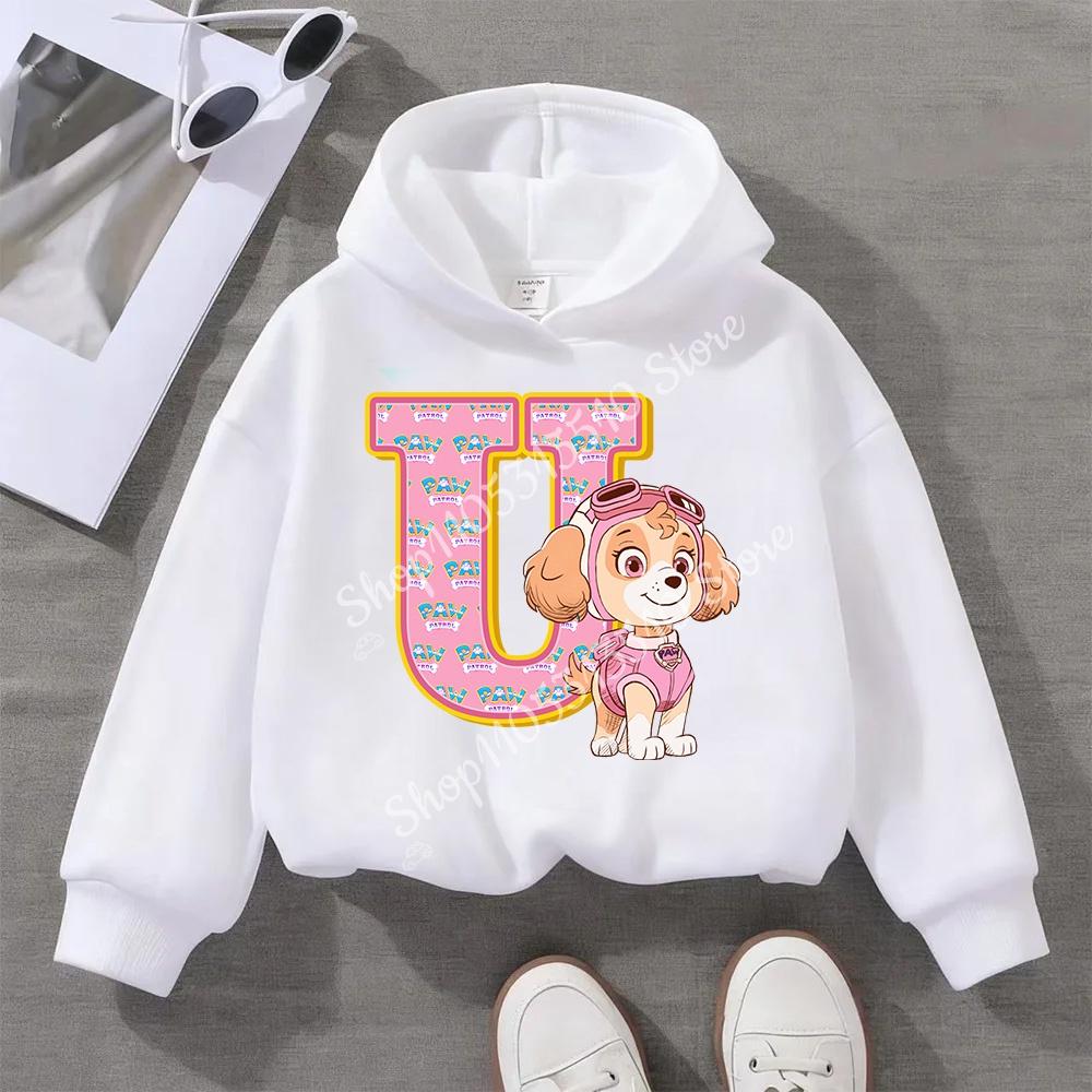 PAW Patrol Child White Long- Sleeve Hoodie Girls Skye Polyester Tops Cartoon 26 Letter Printed Pullover Children Birthday Gifts