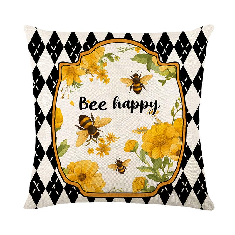 Bee Day Pillow Cover Living Room Sofa Cushion Cover Linen Printed Bedroom Pillow Cover Plants and Flowers