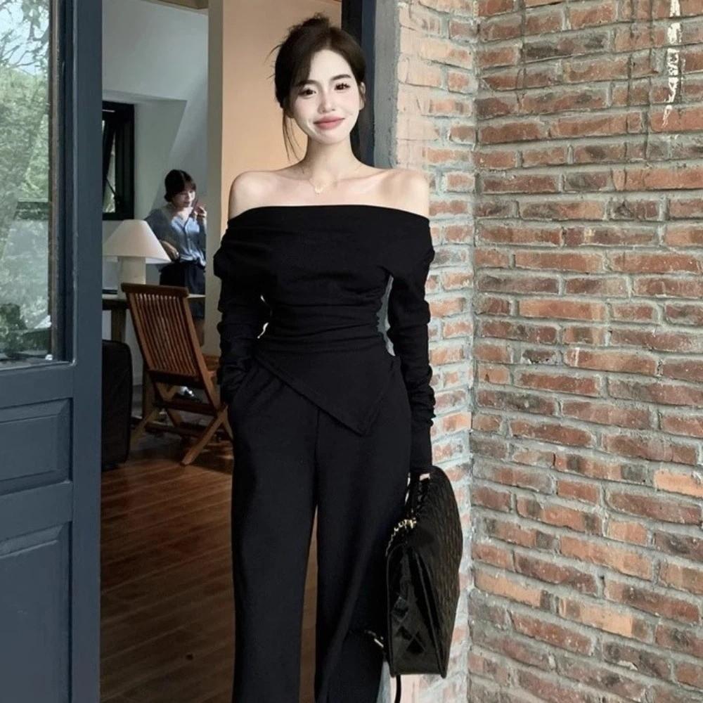 Korean Y2K Ins Bottoming T-shirt Off-shoulder Long Sleeve Tops  Spring Autumn Winter